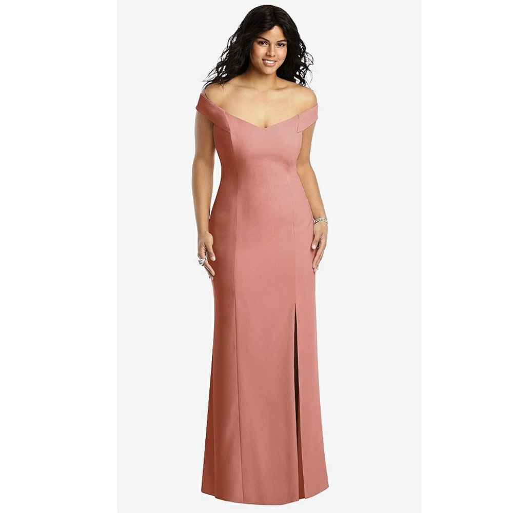 Dessy Collection: OFF-THE-SHOULDER CRISS CROSS BACK TRUMPET GOWN IN DESERT (NWT)